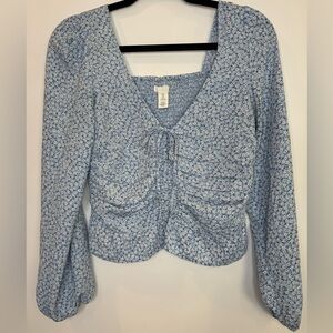 H&M Floral Blue ruched balloon sleeve Women's Top size small